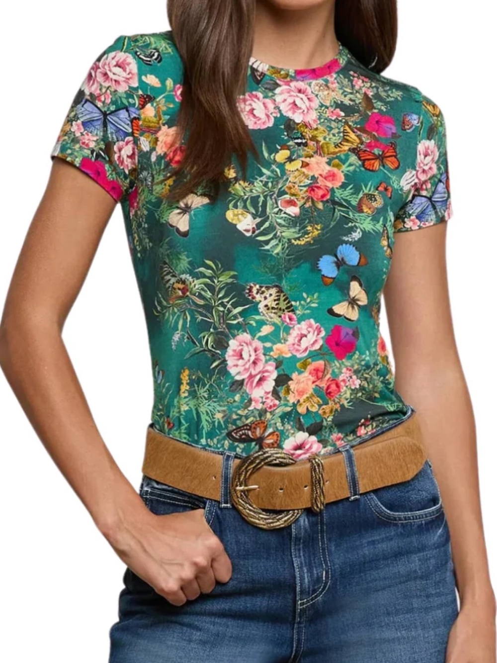 L'AGENCE RESSI FITTED TEE Floral & Butterfly Short Sleeve Tee in Teal